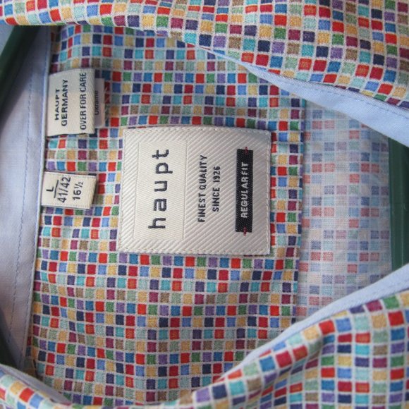 Haupt Men's Shirt Multicolored Squares Size L Large 16.5 Cotton - Picture 5 of 14